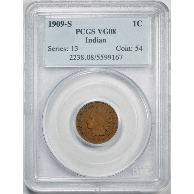 1909 S 1C Indian Head Cent PCGS VG 8 Very Good Key Date Low Mintage Tough !