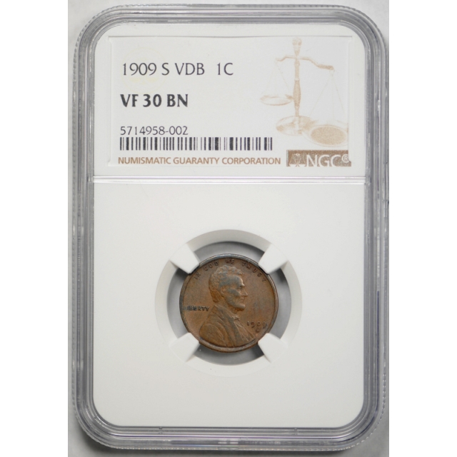 1909 S VDB 1c Lincoln Wheat Cent NGC VF 30 Very Fine to Extra Fine Key Date Strong Detail