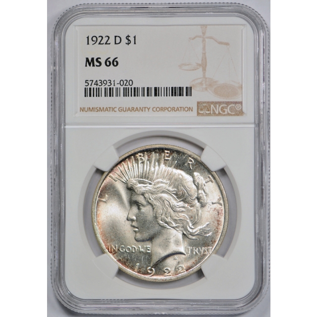 1922 D $1 Peace Dollar NGC MS 66 Uncirculated Lightly Toned Attractive Denver Mint