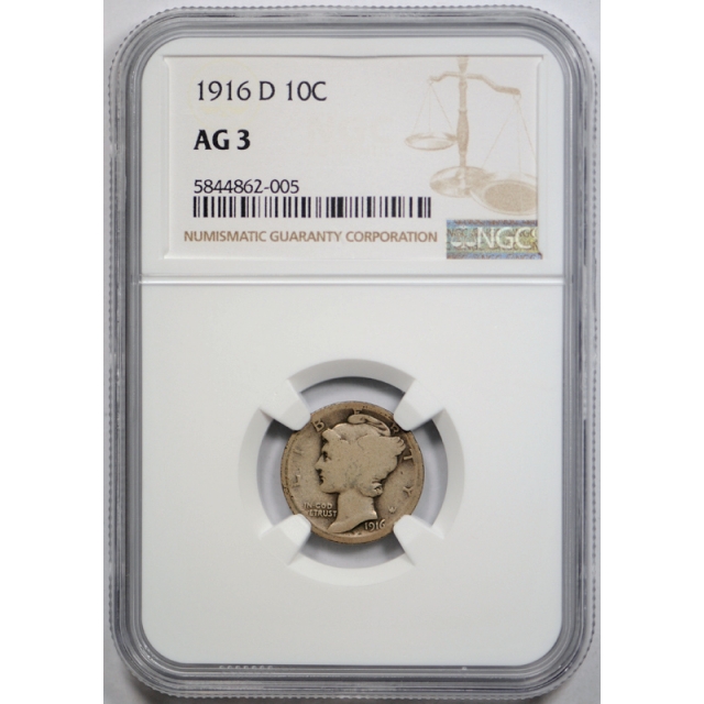 1916 D 10c Mercury Dime NGC AG 3 About Good Denver Mint Key Date Cert#2005