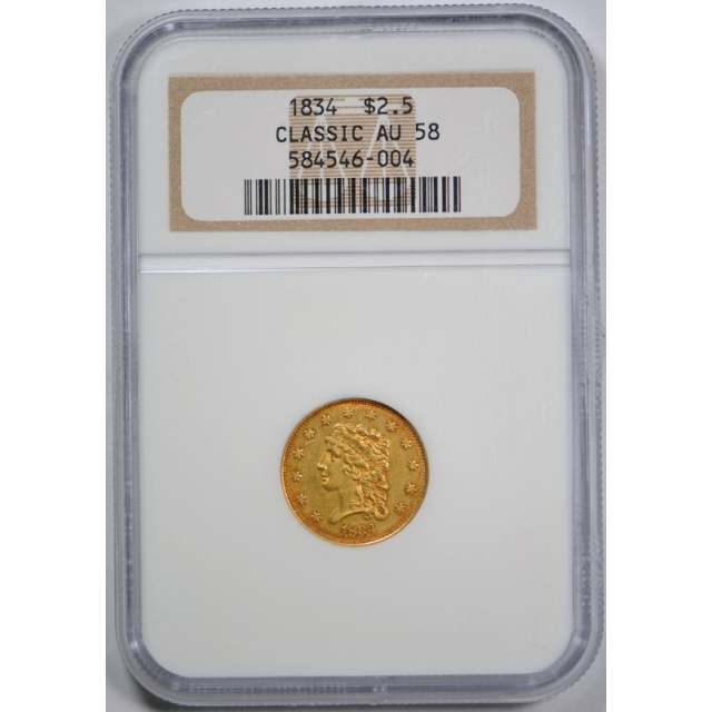 1834 $2.5 Classic Head Quarter Eagle NGC AU 58 About Uncirculated Early Gold US 
