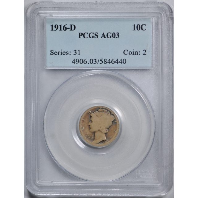 1916 D 10C Mercury Dime PCGS AG 3 About Good Denver Mint Key Date Original 