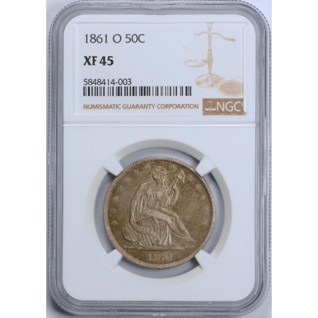 1861 O 50c Seated Liberty Half Dollar NGC XF 45 Speared Olive Leaf Variety Tough ! 