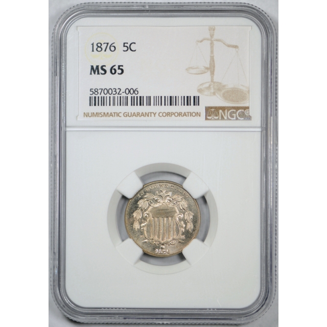 1876 5c Shield Nickel NGC MS 65 Uncirculated Better Date Lustrous Coin !