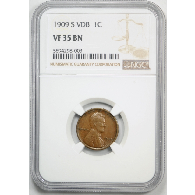 1909 S VDB 1c Lincoln Wheat Cent NGC VF 35 Very Fine to Extra Fine Key Date