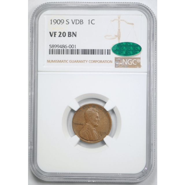 1909 S VDB 1c Lincoln Wheat Cent NGC VF 20 Very Fine CAC Approved San Francisco Mint