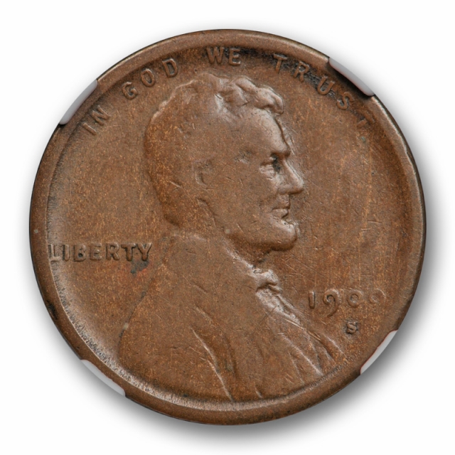 1909 S VDB 1c Lincoln Wheat Cent NGC F 12 Fine San Francisco Mint Key Date Cert#9023