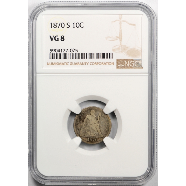 1870 S 10c Seated Liberty Dime NGC VG 8 Very Good Key Date Rare ! 