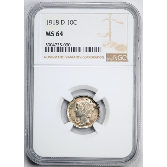 1918 D 10c Mercury Dime NGC MS 64 Uncirculated Denver Mint Better Date Toned
