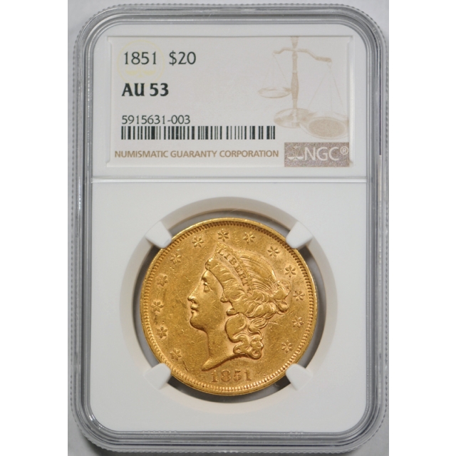 1851 $20 Liberty Head Double Eagle Gold Piece NGC AU 53 About Uncirculated Coin