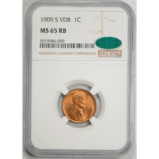 1909 S VDB 1c Lincoln Wheat Cent NGC MS 65 RB Uncirculated CAC Approved Mostly Red !