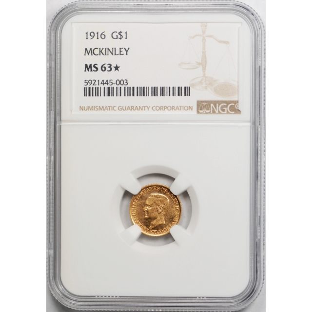 1916 McKinley $1 Gold Commemorative NGC MS 63* Uncirculated Star Coin Looks PL!