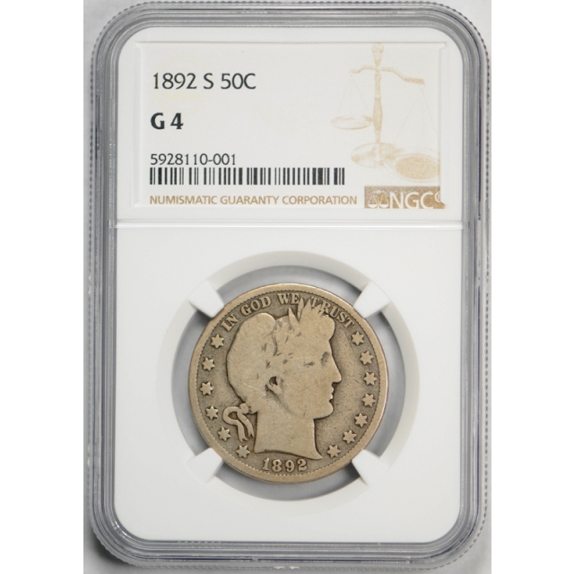 1892 S 50c Barber Half Dollar 50C NGC G 4 Good San Francisco Mint Key Date 
