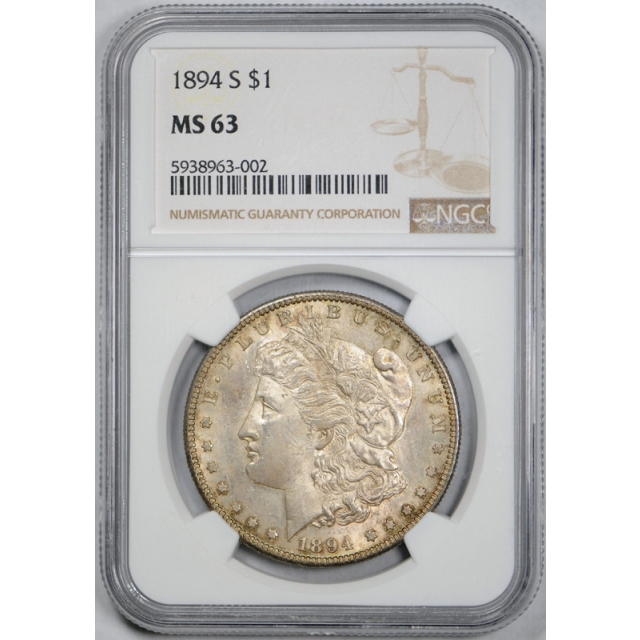 1894 S $1 Morgan Dollar NGC MS 63 Uncirculated Toned Exceptional Strike !