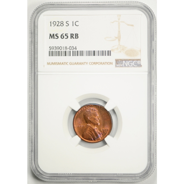 1928 S 1c Lincoln Wheat Cent NGC MS 65 RB Uncirculated Red Brown Toned Pretty !