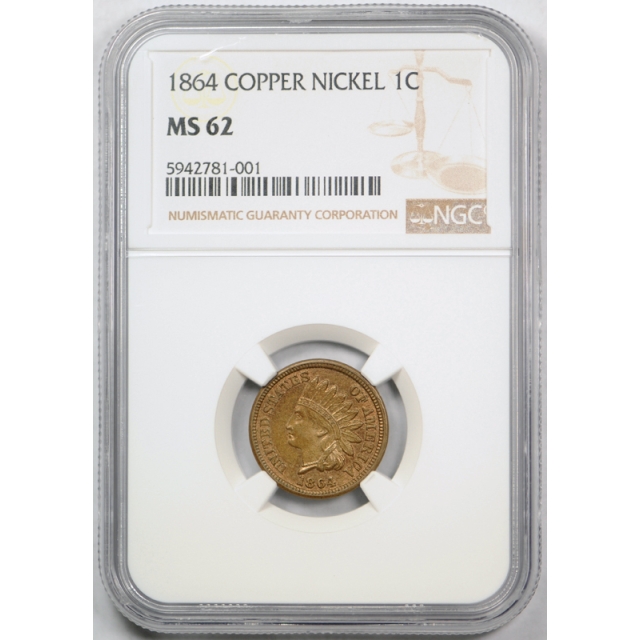 1864 1c Copper Nickel Indian Head Cent NGC MS 62 Uncirculated Type Coin ! 