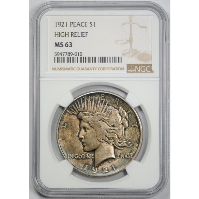 1921 $1 Peace Dollar High Relief NGC MS 63 Uncirculated Toned Key Date Cert#9010