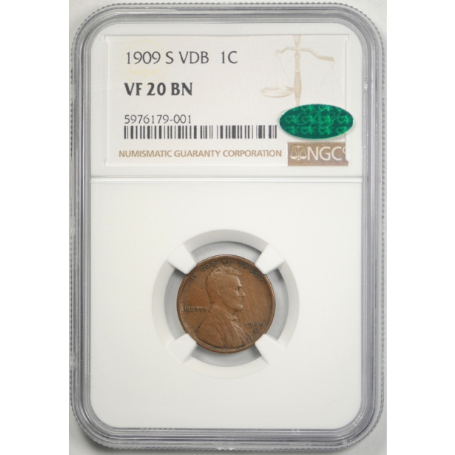 1909 S VDB 1c Lincoln Wheat Cent NGC VF 20 Very Fine CAC Approved SVDB Key Date