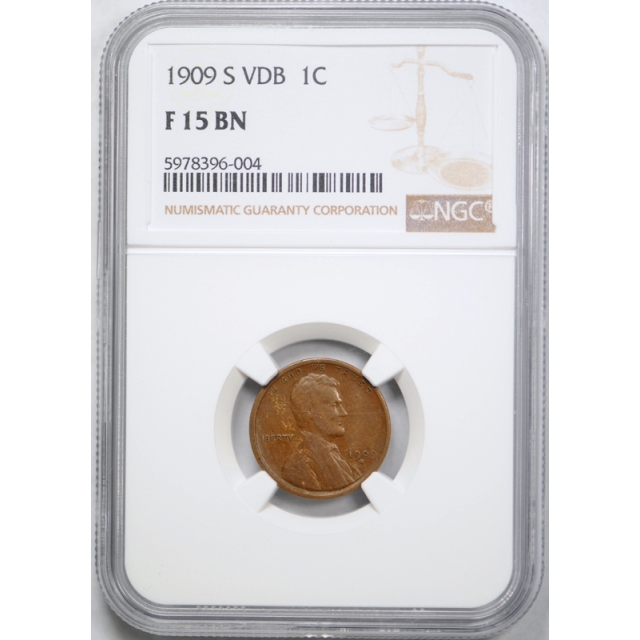 1909 S VDB 1c Lincoln Wheat Cent NGC F 15 Fine to Very Fine Key Date Original Coin 