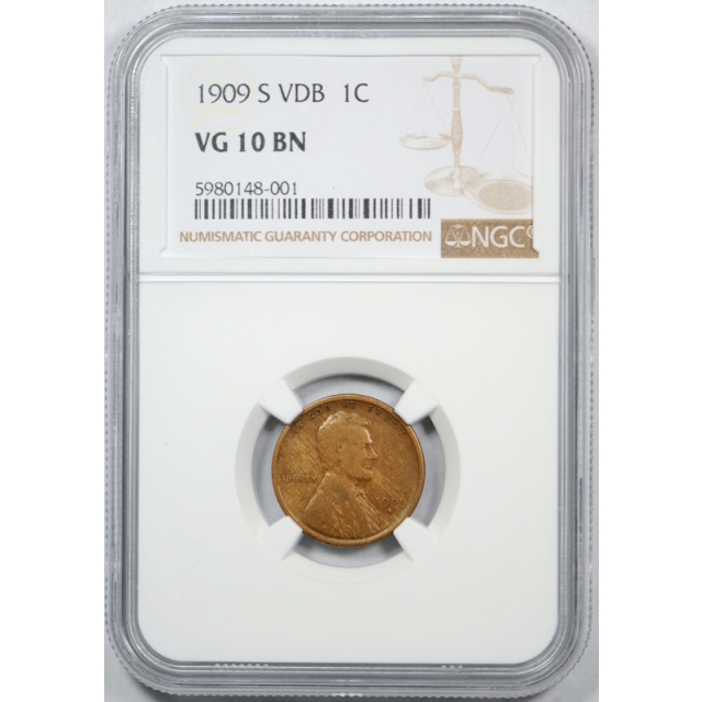 1909 S VDB 1c Lincoln Wheat Cent NGC VG 10 Very Good to Fine Key Date ! 