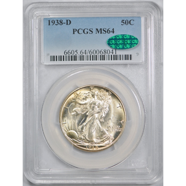 1938 D 50C Walking Liberty Half Dollar PCGS MS 64 CAC Approved Toned Stunning Coin !