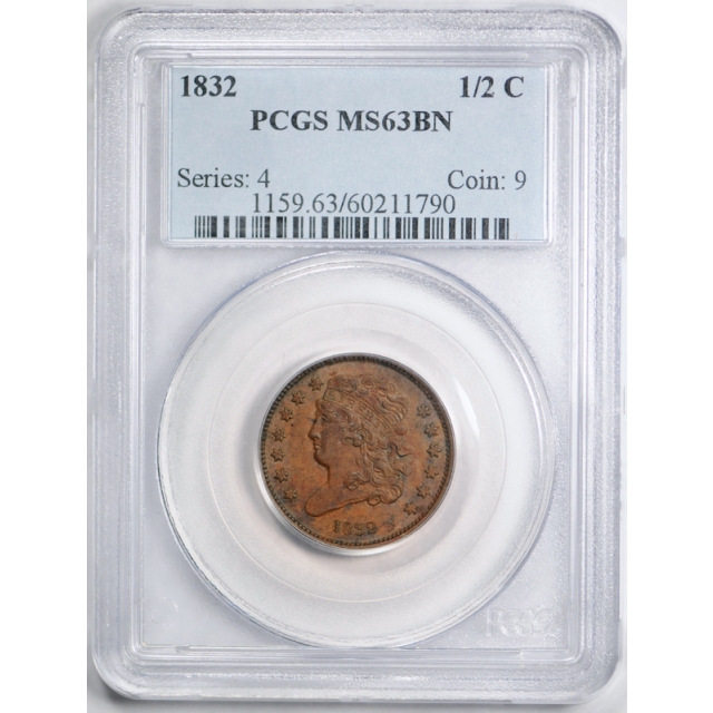 1832 1/2C Classic Head Half Cent PCGS MS 63 BN Uncirculated Brown Original !