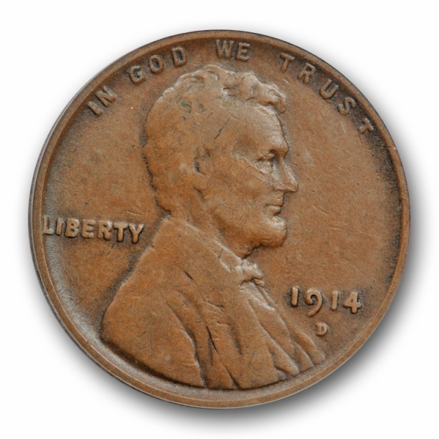 1914 D 1C Lincoln Wheat Cent ICG F 15 Fine to Very Fine Key Date Denver Mint Cert#1601