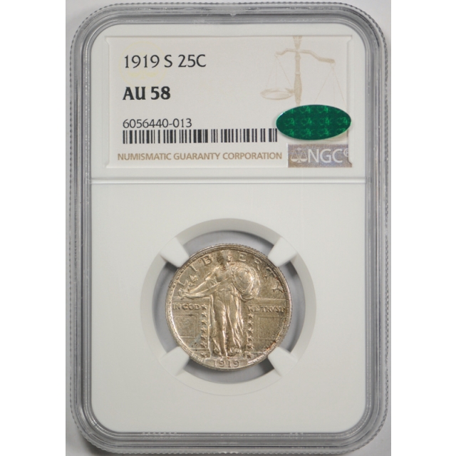 1919 S 25c Standing Liberty Quarter NGC AU About Uncirculated CAC Approved ! 
