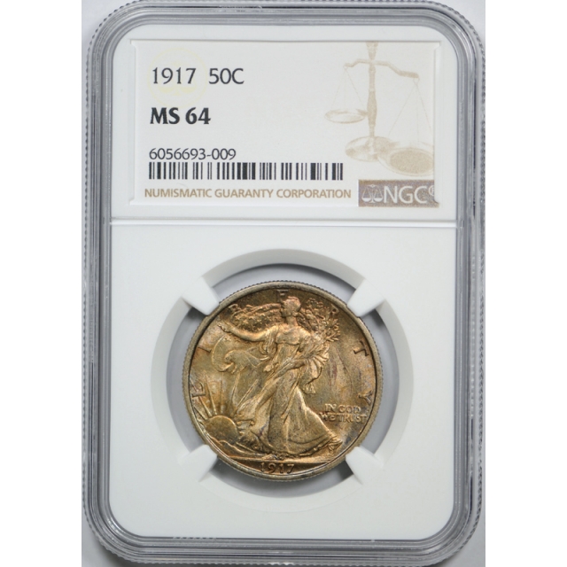 1917 50c Walking Liberty Half Dollar NGC MS 64 Uncirculated Rich Toned Beauty ! 