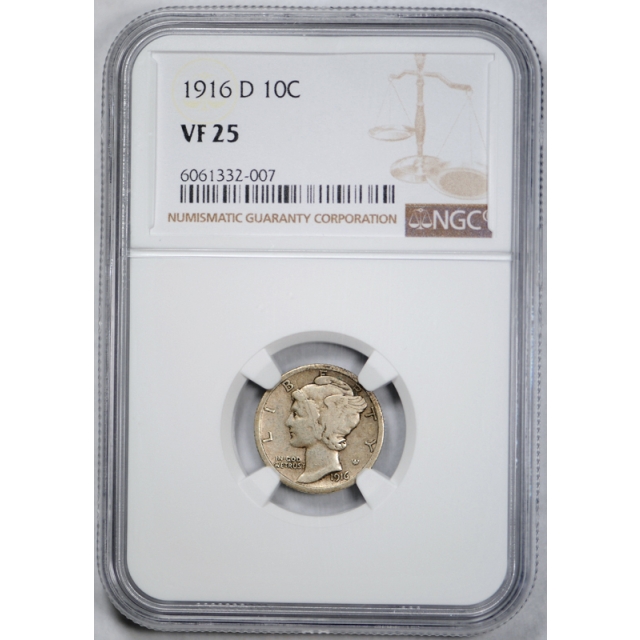 1916 D 10c Mercury Dime NGC VF 25 Very Fine to Extra Fine Key Date Original Coin !