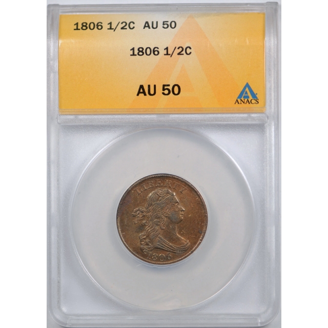 1806 1/2C Small 6, No Stems Draped Bust Half Cent ANACS AU 50 About Uncirculated 