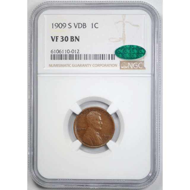 1909 S VDB 1c Lincoln Wheat Cent NGC VF 30 Very Fine to Extra Fine CAC Approved !