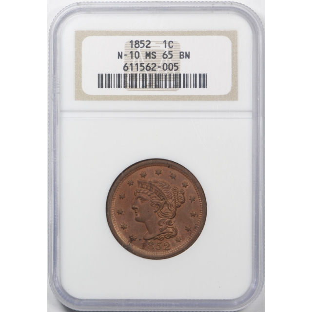 1852 1c Braided Hair Large Cent NGC MS 65 BN Uncircualted Brown N 10 Newcomb