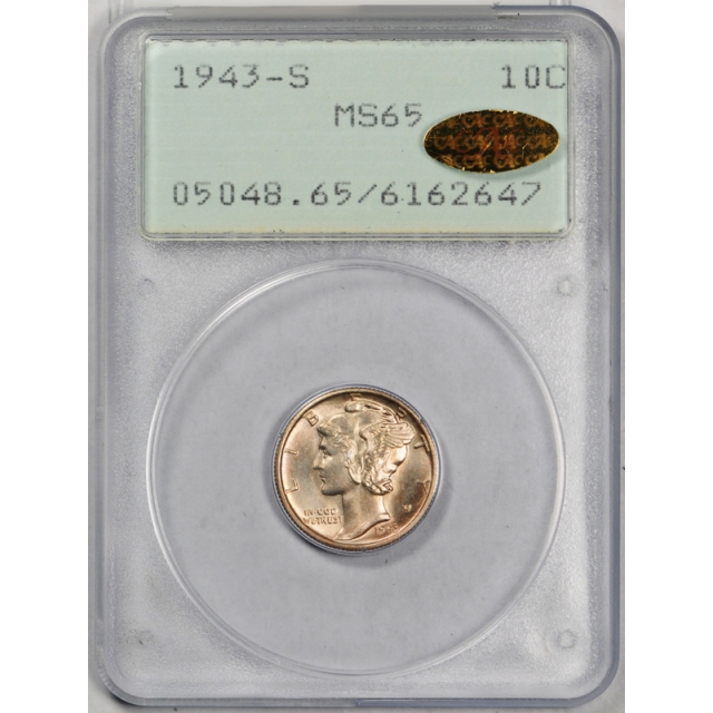 1943 S 10C Mercury Dime PCGS MS 65 Uncirculated Rattler Gold CAC Sticker
