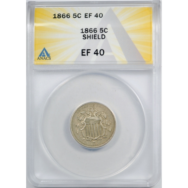 1866 5C With Rays Shield Nickel ANACS EF 40 Extra Fine XF W/Rays Original Cert#7730