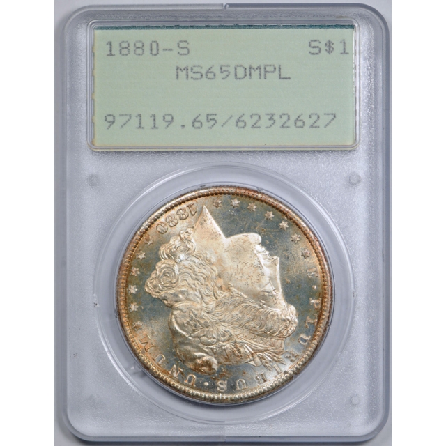 1880 S $1 Morgan Dollar PCGS MS 65 DMPL Deep Mirror Proof Like Rattler Holder Nice !