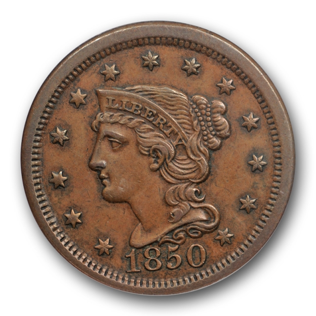 1850 1C Braided Hair Large Cent ANACS AU 50 About Uncirculated Original Toned 
