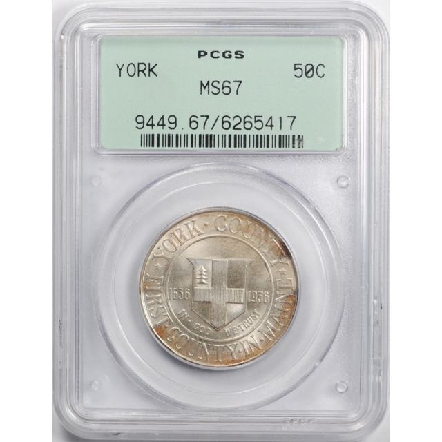1936 York 50C Silver Commemorative Half Dollar PCGS MS 67 OGH Attractive !