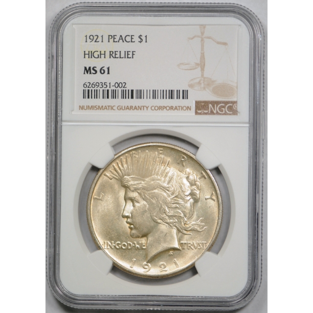 1921 $1 Peace Dollar NGC MS 61 Uncirculated Key Date High Relief Original 