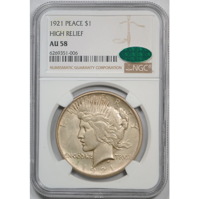 1921 $1 Peace Dollar NGC AU 58 About Uncirculated CAC Approved Key Date Cert#1006