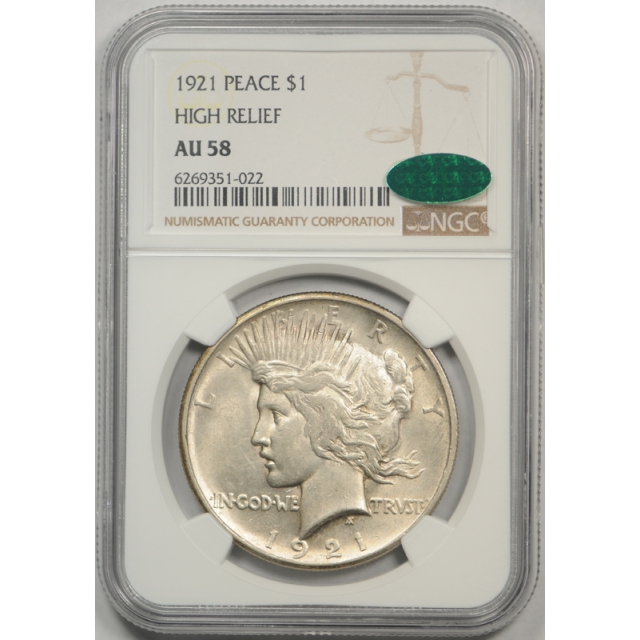 1921 $1 Peace Dollar NGC AU 58 About Uncirculated CAC Approved Cert#1022
