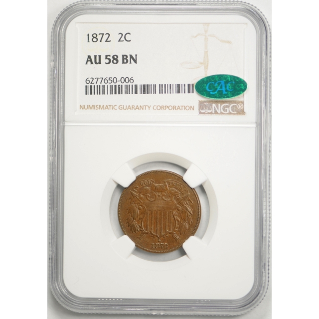 1872 2C Two Cent Piece NGC AU 58 About Uncirculated Key Date CAC Approved !