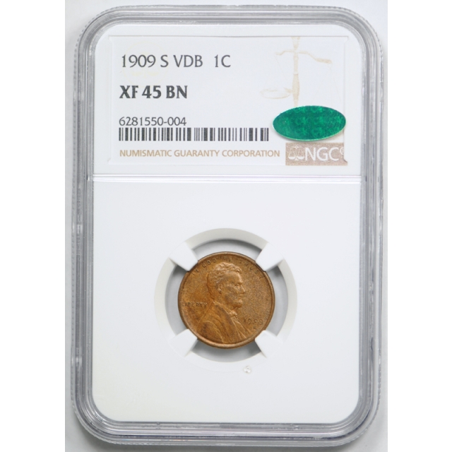 1909 S VDB 1c Lincoln Wheat Cent NGC XF 45 Extra Fine to AU CAC Approved Original !