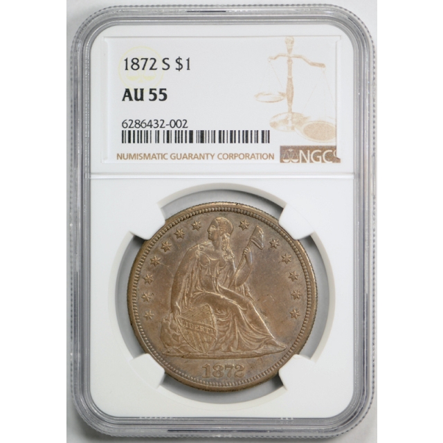 1872 S $1 Seated Liberty Dollar NGC AU 55 About Uncirculated Beautifully Toned !