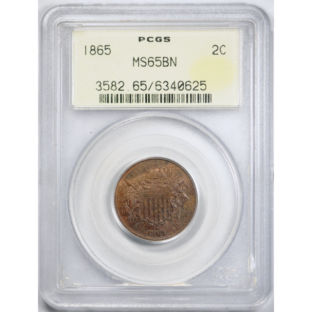 1865 2C Two Cent Piece PCGS MS 65 BN Uncirculated Brown OGH Old Holder Original 