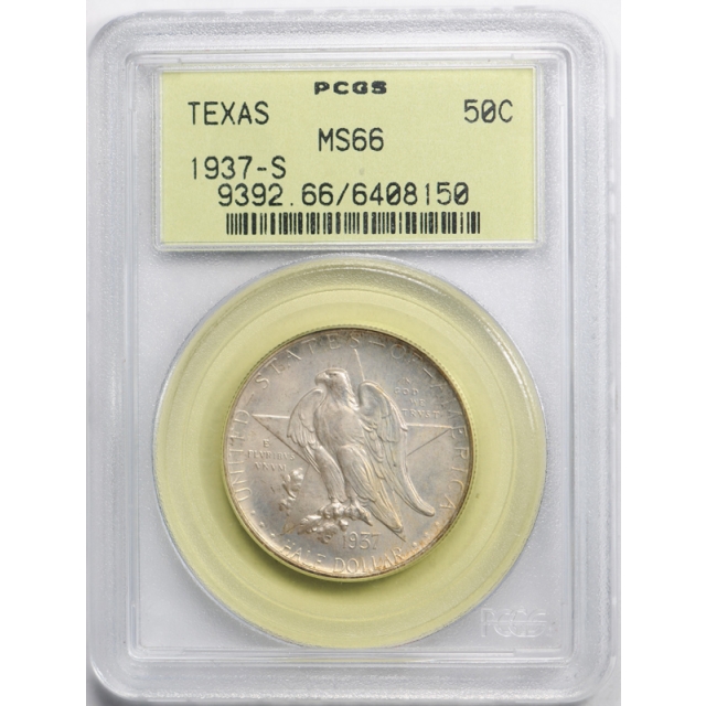 1937 S Texas 50C Silver Commemorative Half Dollar PCGS MS 66 OGH Nice ! 