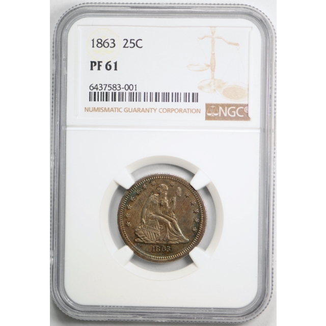 1863 25c Seated Liberty Quarter Proof NGC PF 61 PR Civil War Era Coin Toned 