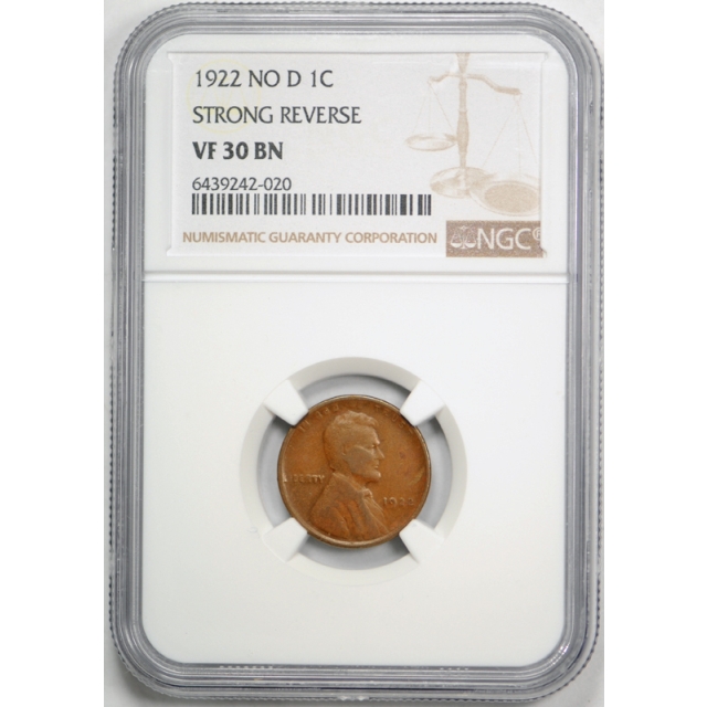 1922 No D Strong Reverse 1c Lincoln Wheat Cent NGC VF 30 Very Fine to Extra Fine 