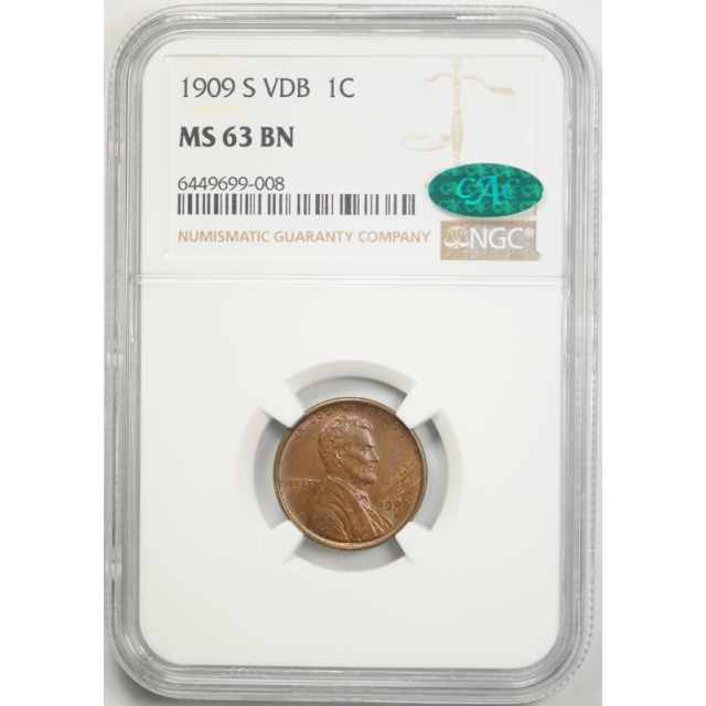 1909 S VDB 1c Lincoln Wheat Cent NGC MS 63 BN Uncirculated CAC Approved Exceptional 