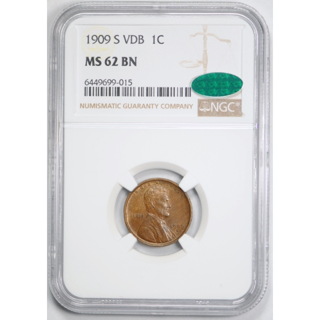 1909 S VDB 1c Lincoln Wheat Cent NGC MS 62 BN Uncirculated CAC Approved Nice !